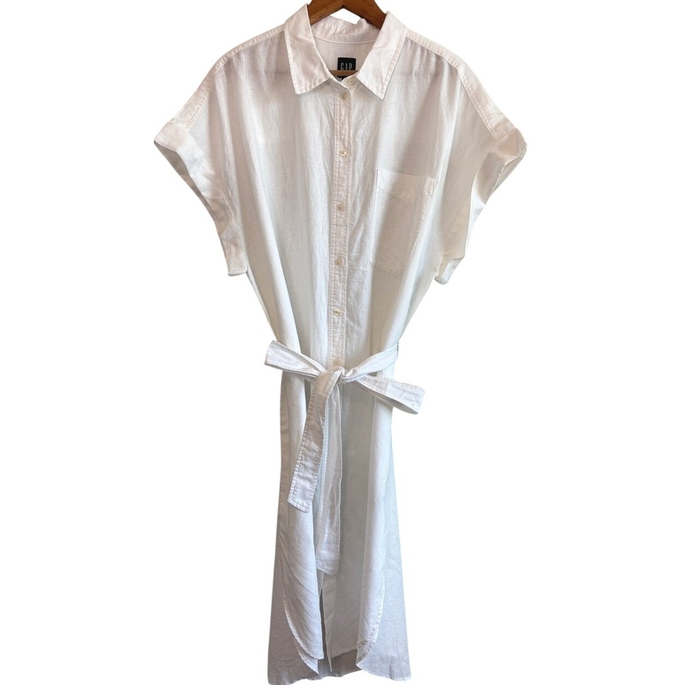 NEW Gap Shirt Dress White Womens XXL Linen Blend Short Sleeve Midi Belted